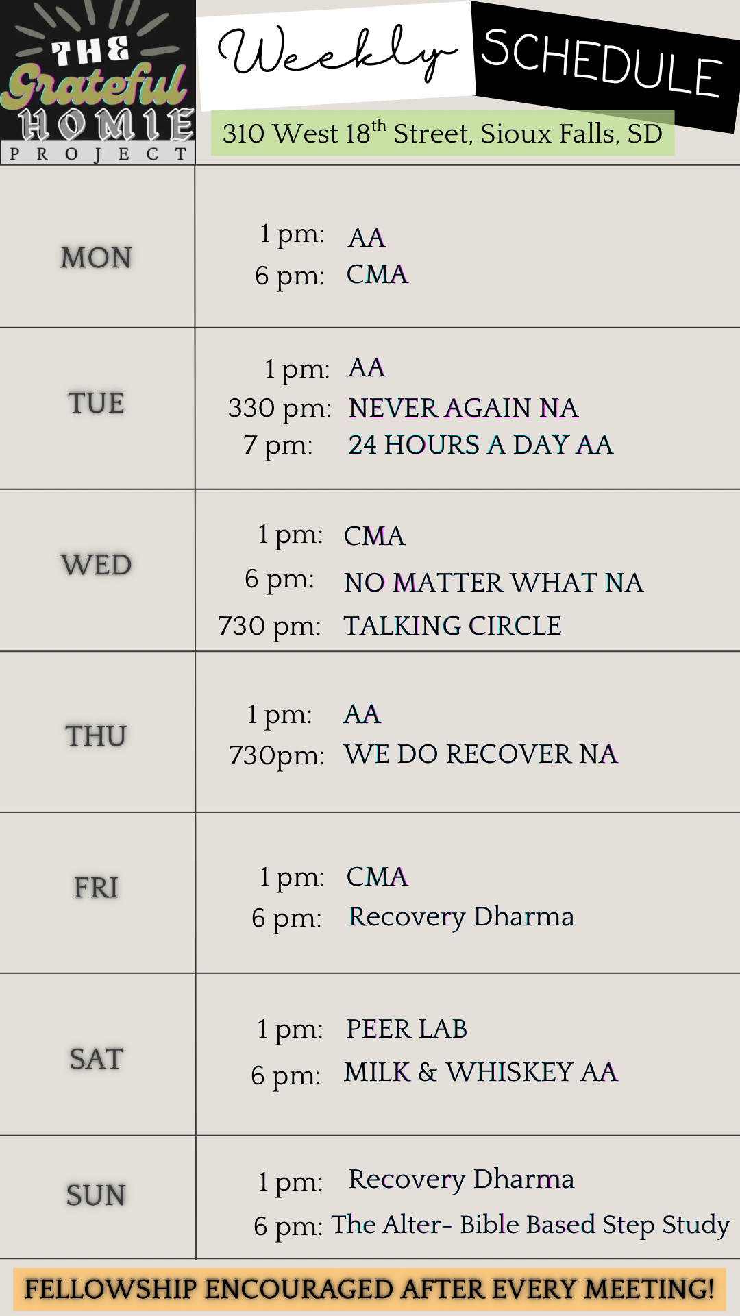 The Grateful Homie Project Weekly Schedule